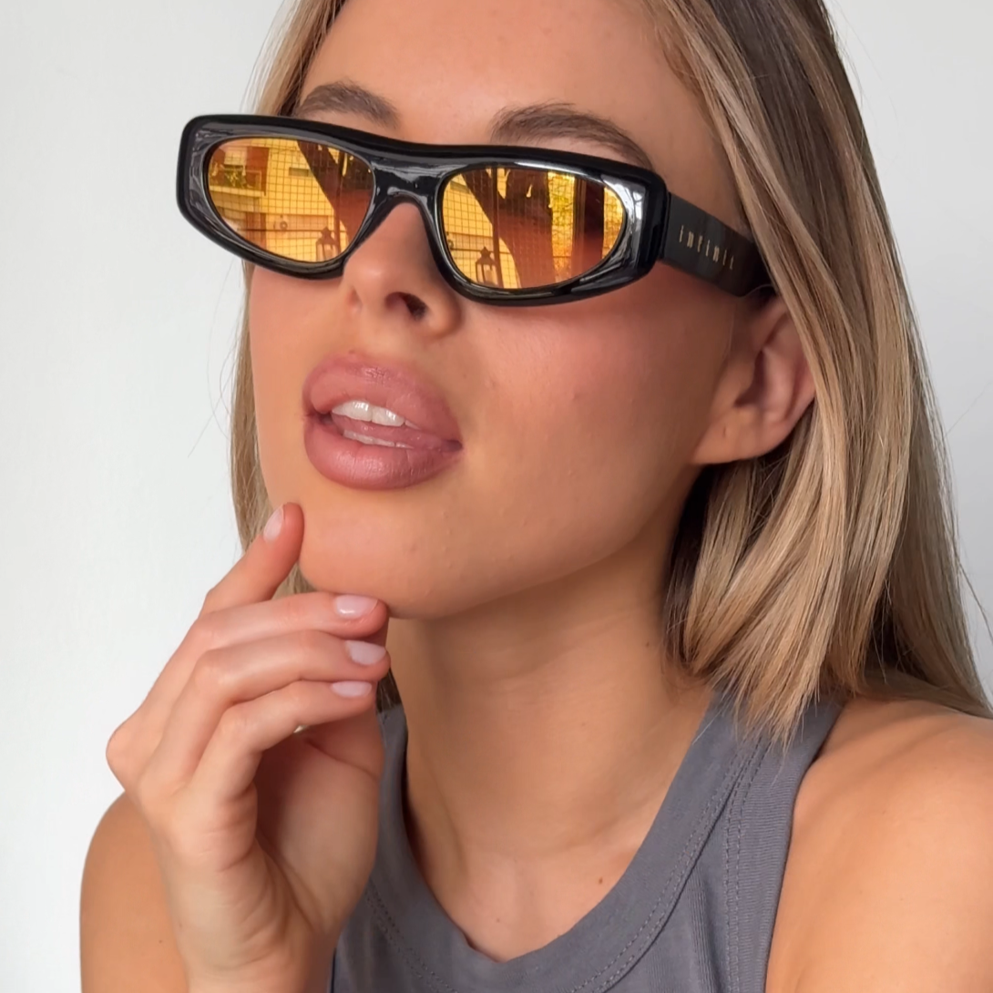 Anteojos De Sol Shanghai Negro Brillo Lente Suave Espejada Naranja